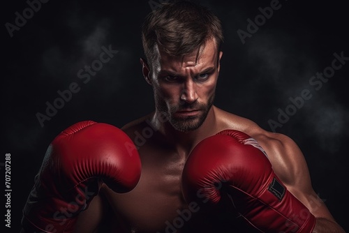 Young male boxer fighter is posing against a black background © Instacraft.Studio
