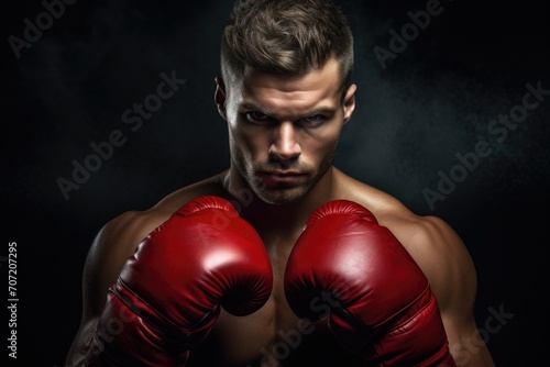 Young male boxer fighter is posing against a black background