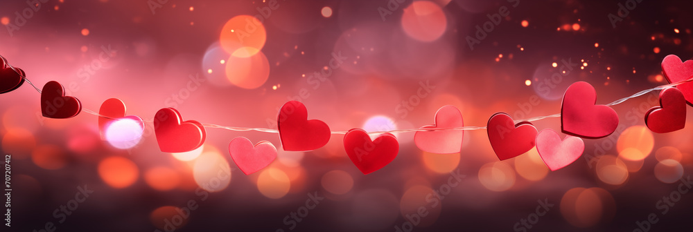 Garlands with lights and hearts on blurred background with sparkles and bokeh. Valentine's Day banner. Panoramic web header. Wide screen wallpaper. Garlands with lights and hearts on blurred background with sparkles and bokeh. Valentine's Day banner. Panoramic web header. Wide screen wallpaper.