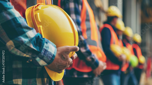 Close-up of a row of construction workers holding their yellow and orange safety helmets photo