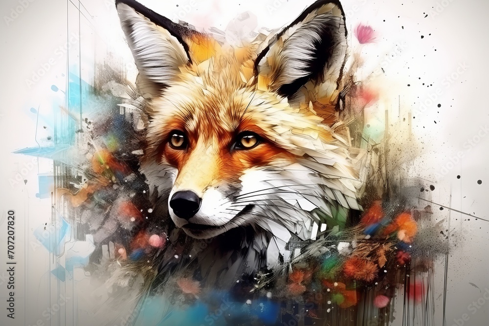 illustration of abstract colorful fox portrait on white background