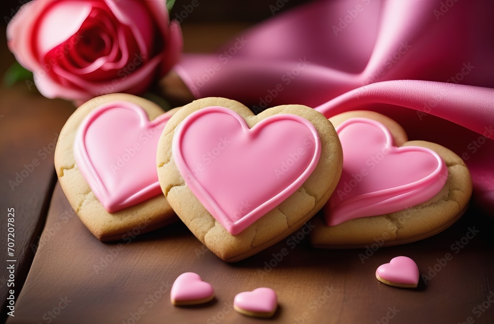 Obraz premium Heart-shaped cookies with pink icing for St. Valentine's Day. space for text on cookies