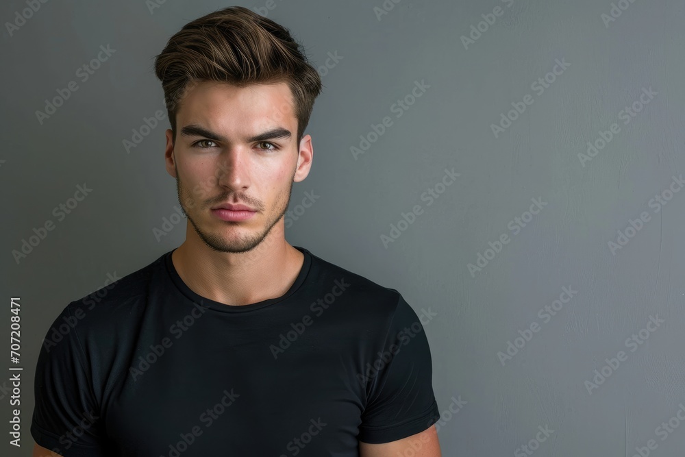 Close-up of a young, fit man with a serious expression, wearing a black t-shirt, against a grey background. Close-up of a young, fit man with a serious expression, wearing a black t-shirt, against a grey background.