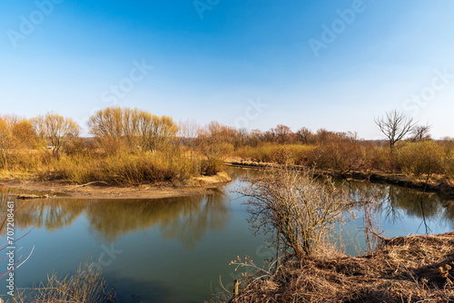 river meander with trees around during early springtime - Odra river in CHKO Poodri in Czech republic