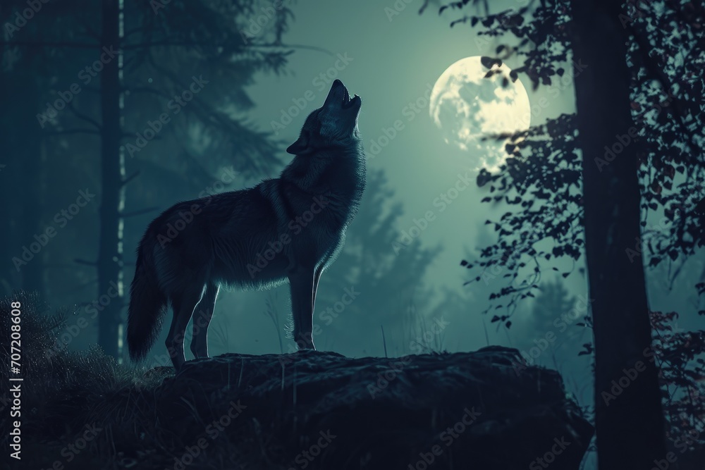 Lone wolf howling at the moon in a dense forest Lone wolf howling at the moon in a dense forest