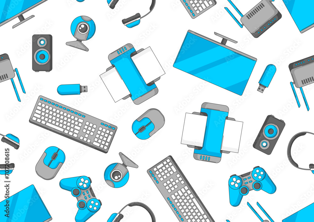 Pattern with computer equipment. Gaming technology and work devices.