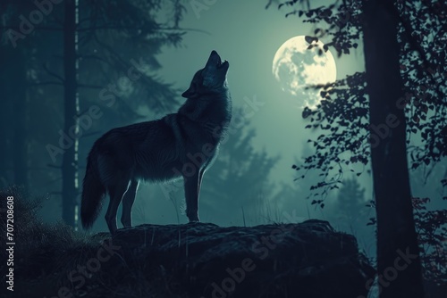 Lone wolf howling at the moon in a dense forest © furyon