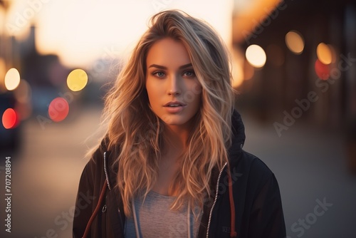 Beautiful young woman in the city at sunset. Blurred background.
