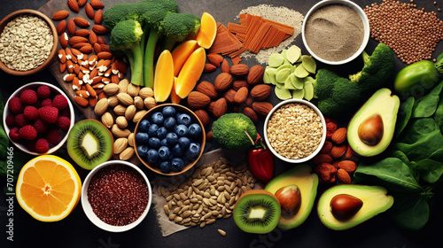 Overhead view of a large group of food with high