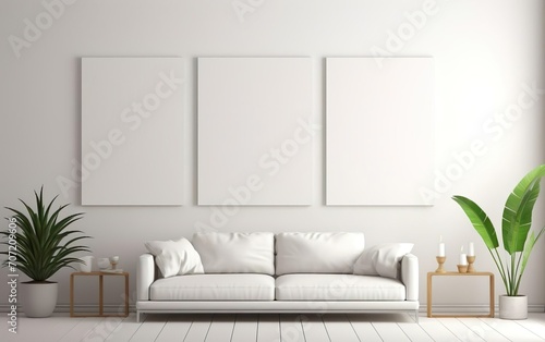Living room interior design. Minimalistic style art studio space mockup. Huge white framed blank art canvas on large wall in minimal room. Soft day light. Gallery  exhibition  exposure. AI Generative.
