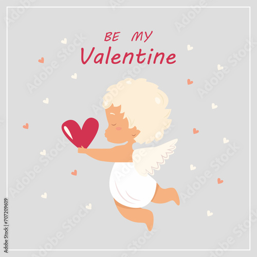 Valentine   s day greeting card template with cute cupid and hearts.