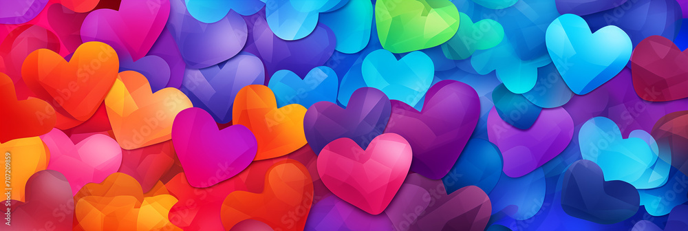 Colorful geometric shapes hearts pattern background banner. Valentine's Day. Panoramic web header with copy space. Wide screen wallpaper