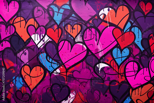 Abstract colorful wall scribble hearts pattern background  street art graffiti texture. Valentine s Day card