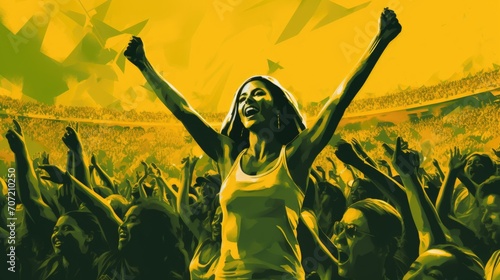 Female soccer fans in yellow Brazilian shirts at the stadium cheer and raise both hands celebrating victory
