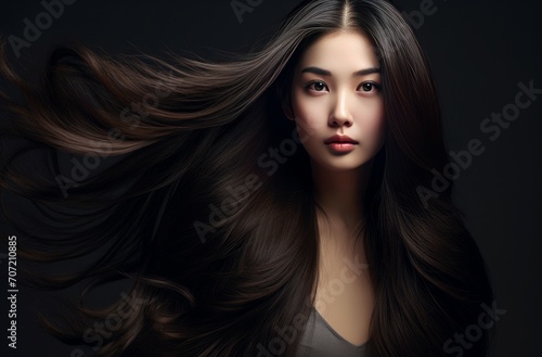 Youthful Smiling asian long hair woman. Adult beauty. Generate Ai
