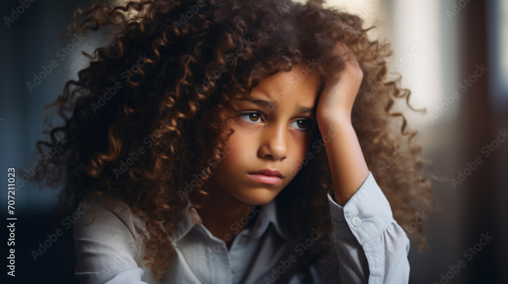 A thoughtful young girl with curly hair looking away. A thoughtful young girl with curly hair looking away.