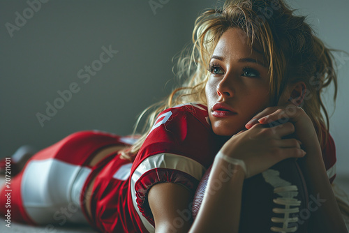 Blonde female american football player laying on the ground and resting her head on an american football ball. NFL superbowl commercial ads campaign wallpaper photo