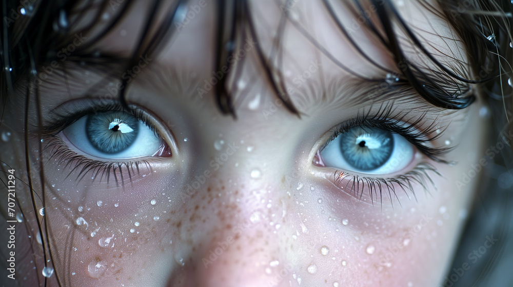 Close-Up of a Young Girl's Eyes with Water Droplets Close-Up of a Young Girl's Eyes with Water Droplets