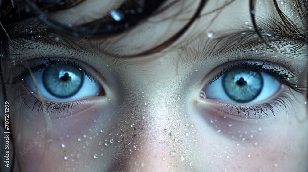 Close-Up of a Young Girl's Eyes with Water Droplets Close-Up of a Young Girl's Eyes with Water Droplets