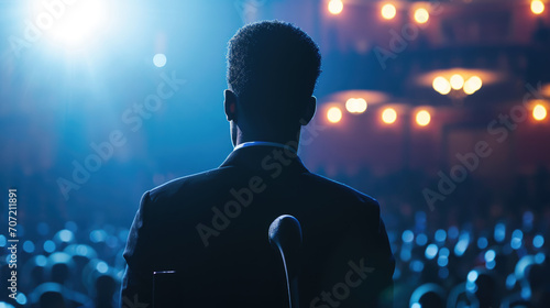 Man from behind, dressed in a suit, standing in front of an audience under bright stage lights, suggesting he is a speaker at a public event or conference.