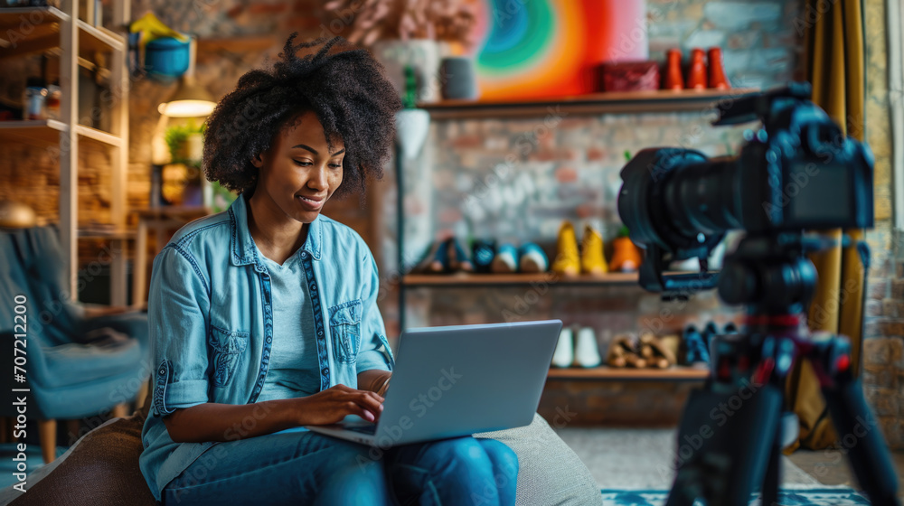 Young woman is smiling while using a laptop, seated in a cozy indoor environment, with a camera on a tripod in the foreground, suggesting she is a content creator or vlogger.