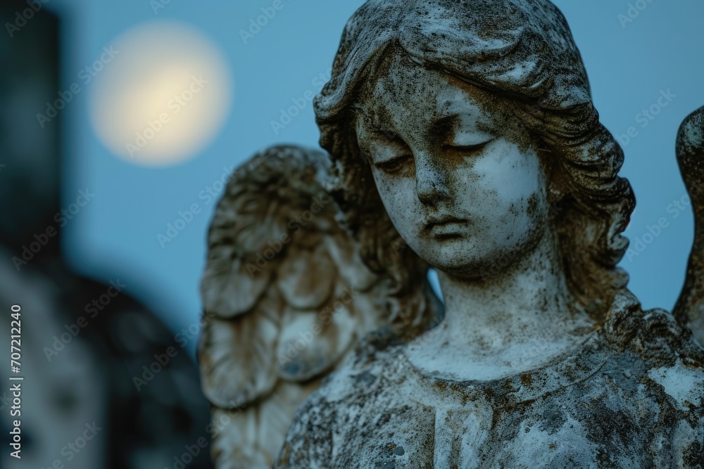 Weathered statue of an angel in a moonlit cemetery