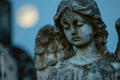 Weathered statue of an angel in a moonlit cemetery
