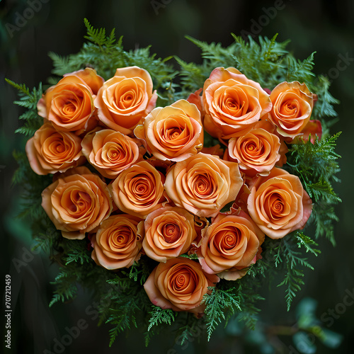 A photo of orange roses arranged in a heart shape
