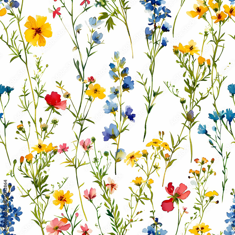 A watercxolors painting of small colorful wildflowers on a white background
