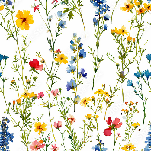 A watercxolors painting of small colorful wildflowers on a white background