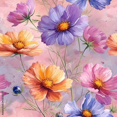 A watercolors painting of cosmos flowers on a pink background