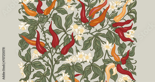 Hot chilly pepper plant with fruits and flowers Seamless pattern, background. Vector illustration. In art nouveau style, vintage, old, retro style.
