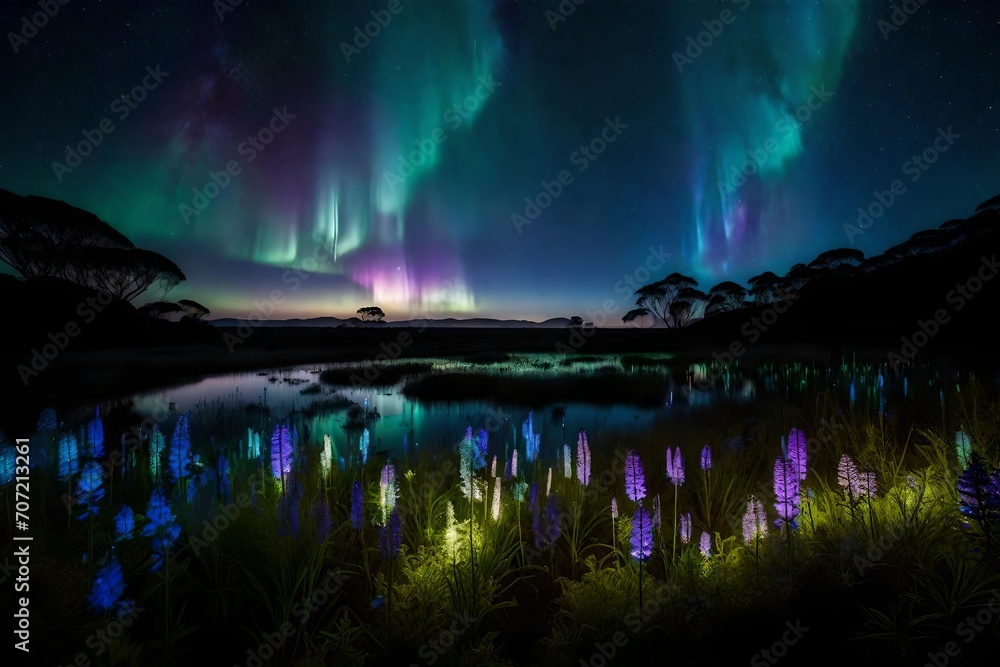 Under the shimmering curtain of the Aurora Australis, ethereal beings with wings adorned in spectral hues grace the landscape of a bioluminescent meadow.

