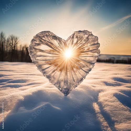 Heart made of ice against the backdrop of a winter sunset. photo