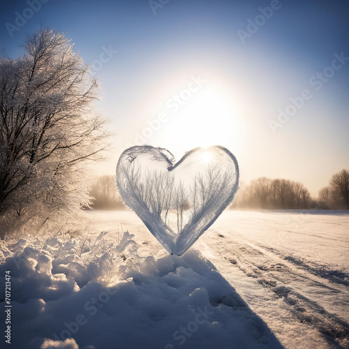 Heart made of ice against the backdrop of a winter sunset.