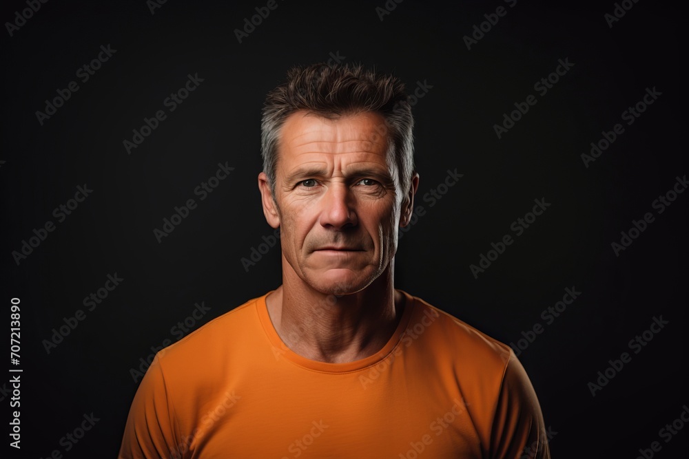 Portrait of mature man in orange t-shirt on black background Portrait of mature man in orange t-shirt on black background