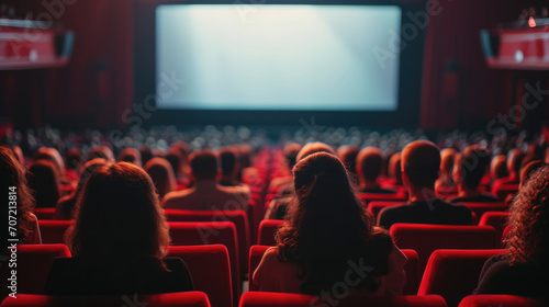 Audience is seated in a cinema with a focus on the back of their heads, looking towards a blank movie screen with red seats and atmospheric lighting.