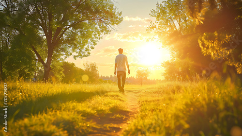 Uma imagem pitoresca de uma pessoa caminhando por uma trilha tranquila na natureza mostrando os benefícios terapêuticos de passar tempo em ambientes naturais para a saúde mental