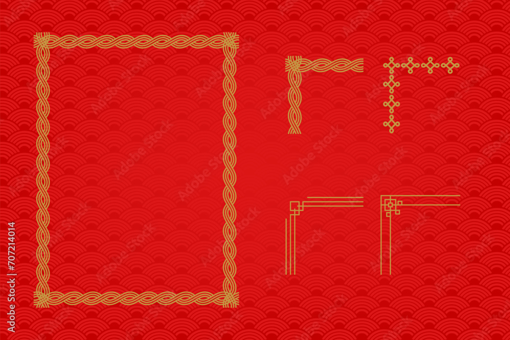 Chinese frame or border set on red background. traditional asian ornaments, golden oriental Chinese frame or border set on red background. traditional asian ornaments, golden oriental