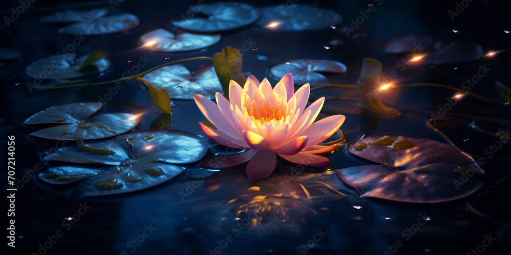 Beautiful pink water lily or lotus flower on dark background, Beautiful Glowing Lotus Flowers Float in Lake at Night with Fireflies, Generative AI  Beautiful Glowing Purple Lotus Flowers Floating 