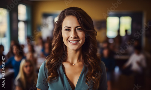 Confident female teacher smiling in a classroom environment, standing as a symbol of educational leadership, knowledge, and academic excellence photo