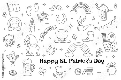 Set of St. Patricks Day. St. Patrick s Day collection with hand drawn doodles icons. Template for postcard, invitation, advertisement or banner for Irish holiday of March 17. Irish traditional culture