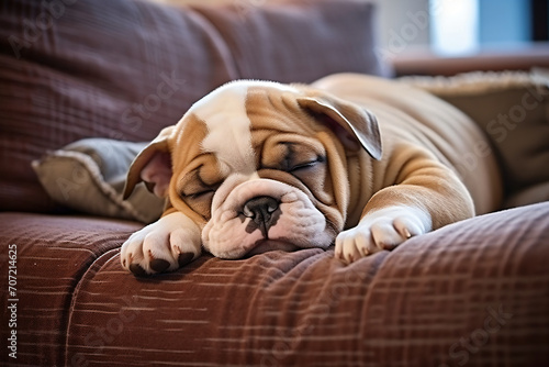 The bulldog puppy sleeps on the sofa, in the style of soft and dreamy atmosphere, light orange and light maroon, human-canvas integration, canon eos 5d mark iv, unprimed canvas, eye-catching, engineer