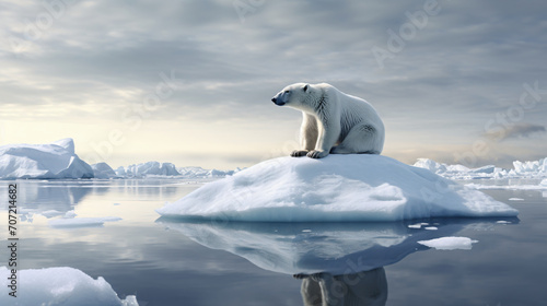 An iceberg with a polar bear sitting on it, in the style of photorealistic portraits, wimmelbilder, high definition