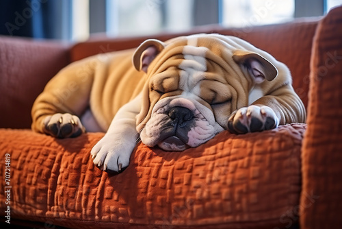 The bulldog puppy sleeps on the sofa, in the style of soft and dreamy atmosphere, light orange and light maroon, human-canvas integration, canon eos 5d mark iv, unprimed canvas, eye-catching, engineer photo