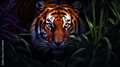 The tiger is staring into the darkness, in the style of photorealistic accuracy, dark purple and orange, wimmelbilder, sumatraism, high resolution, softbox lighting