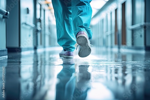 Low angle view of a person in medical scrubs walking in a corridor.