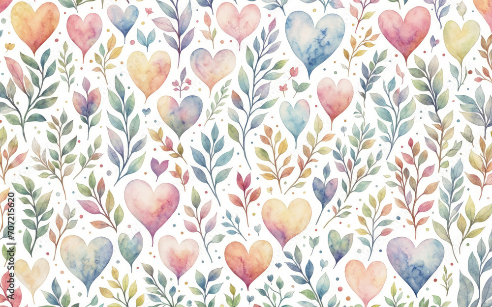 Watercolor pattern of hearts and branches with leaves in pastel color Watercolor pattern of hearts and branches with leaves in pastel color