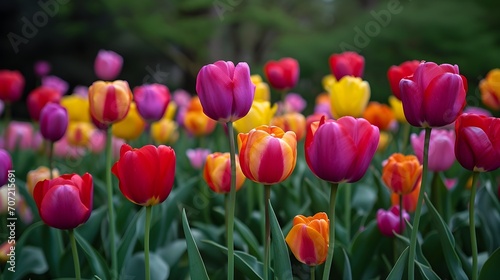 Colorful tulips dance in springtime harmony. Tulips planted in the city park.