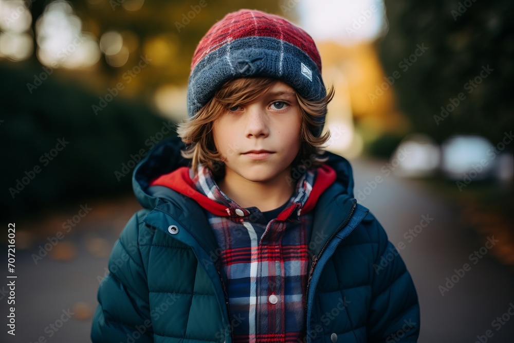 Portrait of a boy in a hat and coat on the street Portrait of a boy in a hat and coat on the street